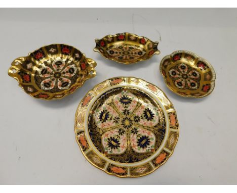 2 Royal Crown Derby handled trinket dishes in the 1128 pattern both First quality , together with another Royal Crown Derby 1