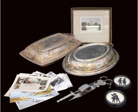 Two silver-plated tureens, a pair of 1920s/30s silhouettes, early 20th century postcards and a candle snuffer with an etching
