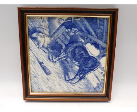 A William Wise Minton square ceramic tile with calves in barn design, blue and white transfer and in wooden case (cannot see 