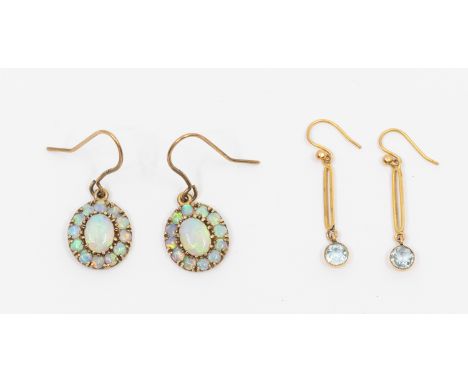 Two pairs of gold stone set earrings, including a pair of opal 9ct gold cluster drop earrings, cluster approx 12 x 15mm, on h