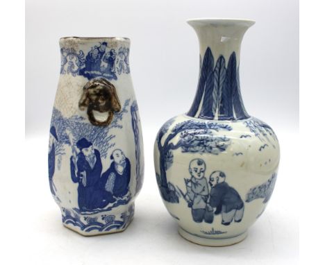 A Chinese blue and white porcelain hexagonal crackle glaze vase, with moulded handles, decorated with scholars, artists and p