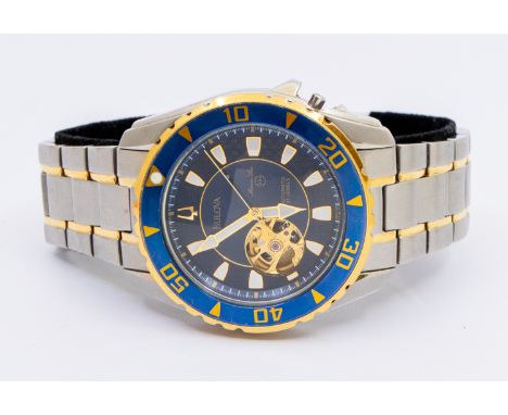 A gentleman's automatic 21 jewel Marine Star steel and gold plated wristwatch, comprising a blue signed dial with lume insert