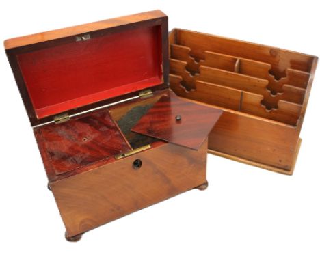 A mid 19th century mahogany tea caddy together with a mahogany desktop letter rack