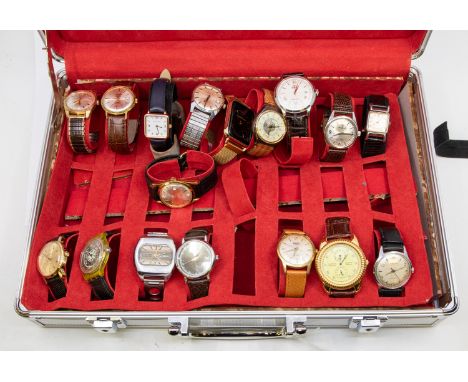A cased collection of seventeen vintage gents wristwatches to include plated and steel cased watches, including manual and au
