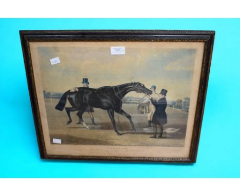 Collection of 19th century hand-tinted framed portrait etchings, a still life and a horse racing picture of a Gold Cup winner