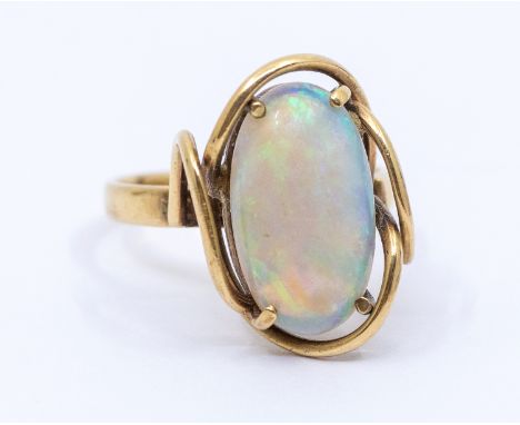 An opal and 9ct gold dress ring, comprising an elongated oval opal approx 15 x 8mm,  green play of colour, (abraded) within a