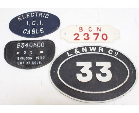 Railwayana: A collection of four vintage enamel signs, to include: 'B340800 2t Shildon 1977 Lot No 3916' railway wagon plaque