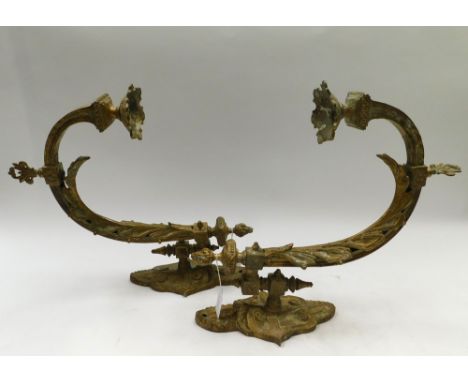 A pair of French 19th century cast ormolu gas light wall sconces, 39cm long , tarnished