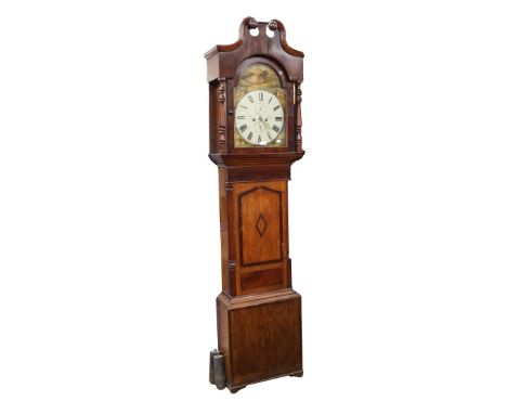 Derby interest:- A George III longcase 8 day clock by E Roberts of Derby, with painted arched dial, Roman numerals, second an