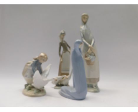 Four Lladro porcelain figures comprising of a lady carrying a basket, lady with two geese at her feet, girl with a goose with