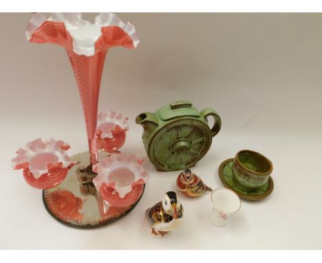 Frankoma Pottery (USA) part coffee set in wagon wheel design in light brown and green along with two Royal Crown Derby paperw