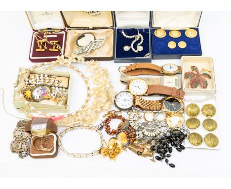 A collection of costume jewellery to include a 9ct gold signet ring with engraved initials and scrolled shoulders, size S, al