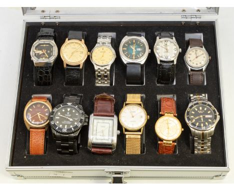 A cased collection of twelve vintage and later gents wristwatches, comprising steel and plated watches, with automatic, self 
