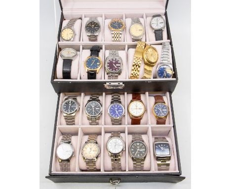 A cased collection of twenty Seiko vintage and later gents wristwatches to include steel cased and plated cased wristwatches,