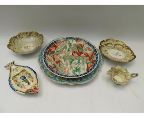 18th century Japanese export charger, 19th century porcelain tray, 19th century Prussian china items, cup , plates and bowl a