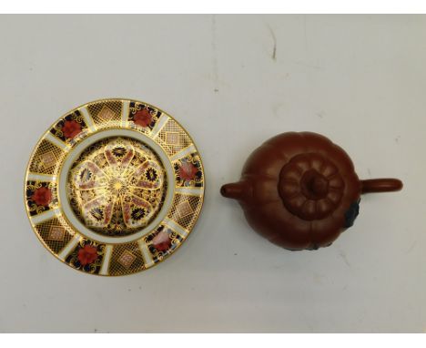Chinese bisque teapot, marks to base and lid along with a Royal Crown Derby 1128 imari plate 6 1/2", 1st quality.