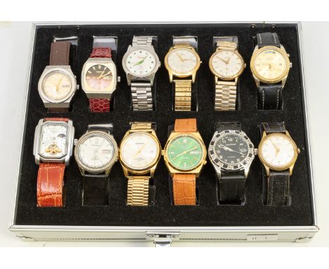A cased collection of twelve vintage and later gents wristwatches, comprising steel and plated watches, with automatic, self 