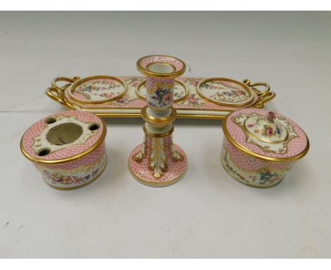 A 19th century Bloor Derby porcelain twin handled desk stand , the oblong base with central inkwell, candlestick and lidded i