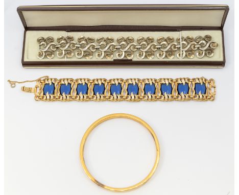 Two VINTAGE Trifari bracelets, including a blue paste and gilt versions, set with oval paste, width approx 25mm, along with a