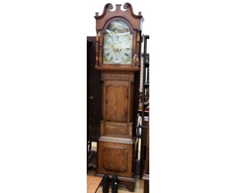 A George III 8 day long case clock by Smith &amp; Son of Walton, with arched painted dial with Georgian hunting scene, Roman 
