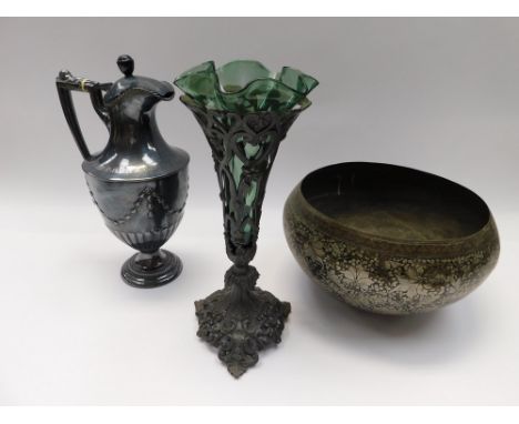 A late 19th Century silver plate claret jug; pewter art nouveau vase with green glass sleeve and Islamic bowl/planter. signs 