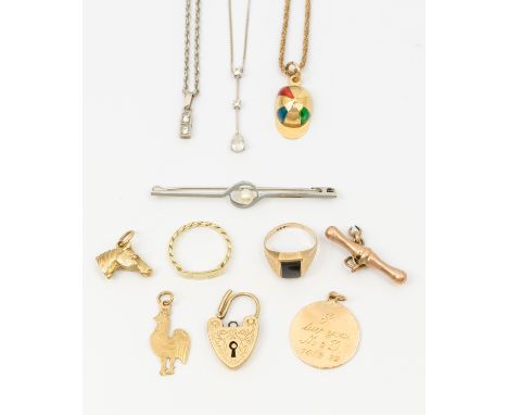 A collection of 9ct gold jewellery to include a 9ct white gold cubic zirconia set pendant, set with pearl cut cz, to a bar wi