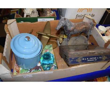 Mixed Lot: Bronzed model of a horse, enamel sugar caddy, glass duck, Rupert jigsaw, brass planes etc