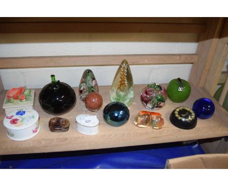 Mixed Lot: Assorted glass and ceramic paperweights, trinket boxes etc