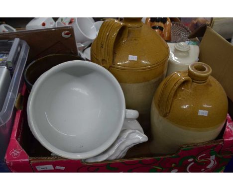 Two large stone ware bottles, stone ware hot water bottle, chamber pot, planter etc