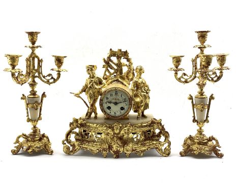 Late 19th century alabaster and gilt figural mantel clock garniture, white enamel dial with Arabic chapter ring, striking ham