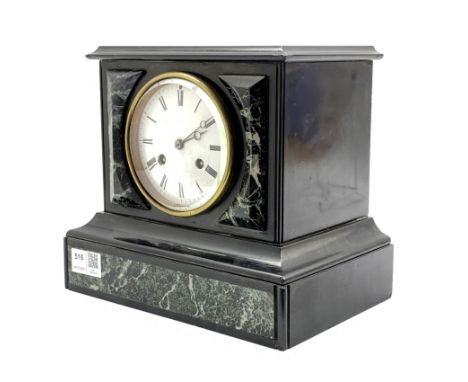 19th century black slate and variegated marble mantel clock. white enamel dial with Roman chapter ring, eight day movement st