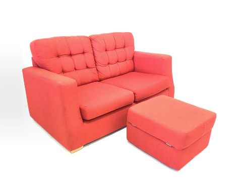 Contemporary two seat sofa, upholstered in red linen, with buttoned loose cushions, raised on beech block supports, together 