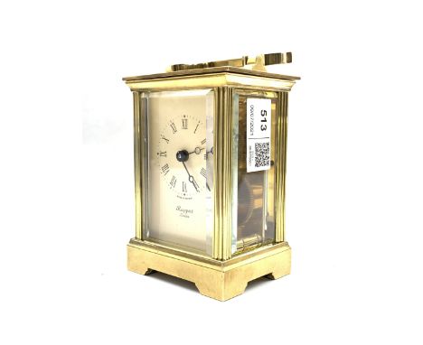 Quality 20th century brass and glass carriage clock, white enamel dial inscribed  'Rapport London' W8cm 