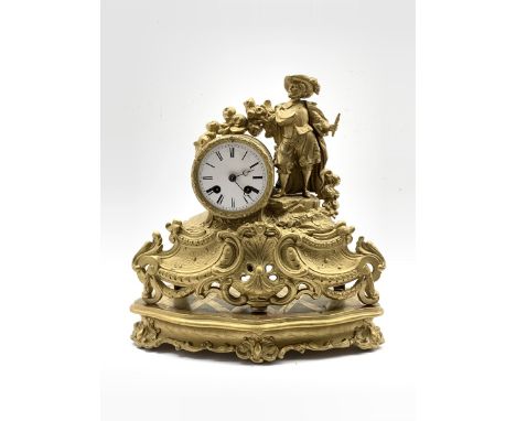 Late 19th century gilt metal figural mantel clock, the case surmounted by an artist flanking  a white enamel dial with Roman 