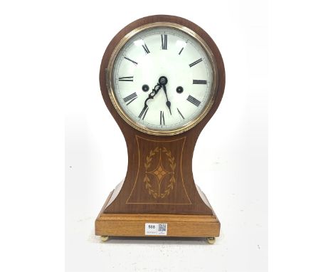 Edwardian inlaid mahogany balloon mantle clock, white enamel dial with Arabic chapter ring, twin train eight day movement W22