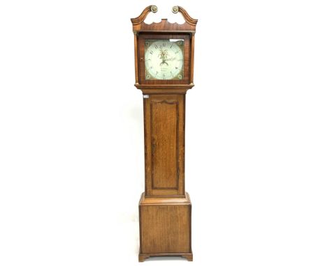 Early 19th century oak country 30 hour longcase clock, swan neck pediment over mahogany banded frieze and square glass, white