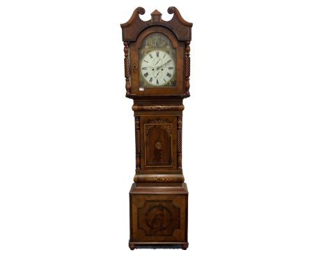 Mid 19th century walnut, rosewood and marquetry eight day longcase clock, the painted white enamel dial with subsidiary secon