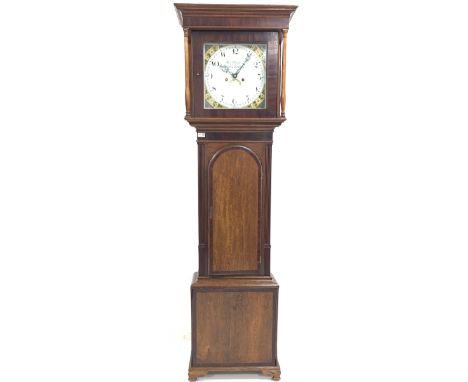 Early 19th century oak and mahogany longcase clock, the case with reeded pilasters, raised on ogee bracket supports, with ena