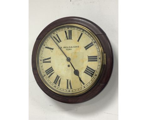 Early 20th century wall clock, circular white enamel dial with Roman chapter ring inscribed 'J.B. Inglis &amp; Sons, York' D3