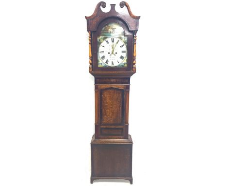 19th century oak and mahogany banded longcase clock, swan neck pediment over arched hood and turned pilasters, white enamel d