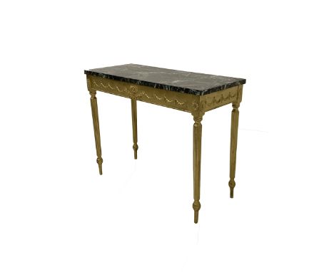 20th century gilt painted console table of classical design, the rectangular simulated marble top raised over frieze decorate