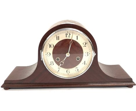 20th century German mahogany dome top mantel clock, silvered dial with arabic chapter ring, eight day twin train movement str