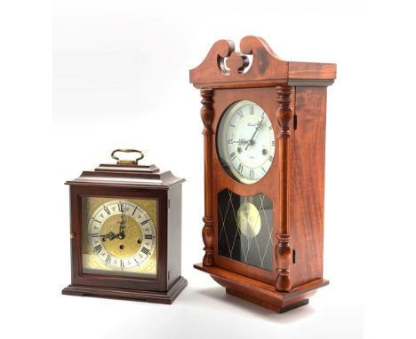 20th century mahogany mantel clock, floral scroll engraved brass dial with silvered Roman chapter ring, inscribed 'Rapport' a