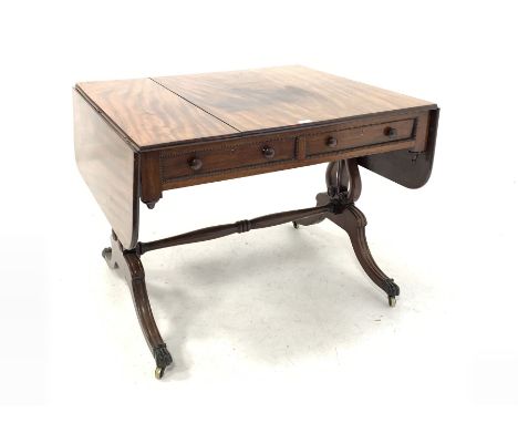 Regency mahogany sofa table, the rectangular top with two drop leaves over two drawers and two faux drawers, raised on pierce