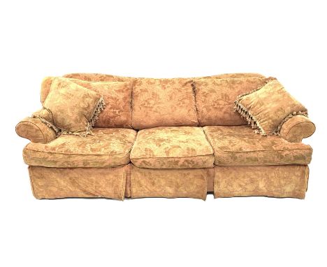 Large country house three seat sofa, upholstered in burnt orange tufted floral damask fabric, raised on turned supports W257c