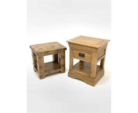 Contemporary oak bedside table fitted with one drawer (W50cm) and a hardwood lamp table raised on square supports united by u