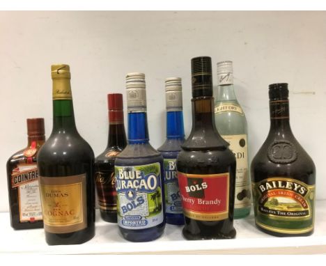 Spirits and liqueurs. Bols Blue Curacao (2), Dumas cognac, Cointreau, etc (together 8 bottles)  