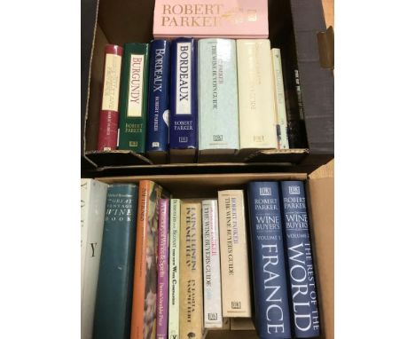 Collection of wine reference books, mainly including Robert Parker's Burgundy, Bordeaux, Rhone, and Wine Buyer's Guide editio