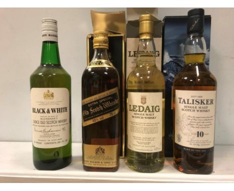 Scotch Whisky, 4 bottles, single malt and blended, including Talisker 10 year old, Ledaig, Black and White, and Johnny Walker