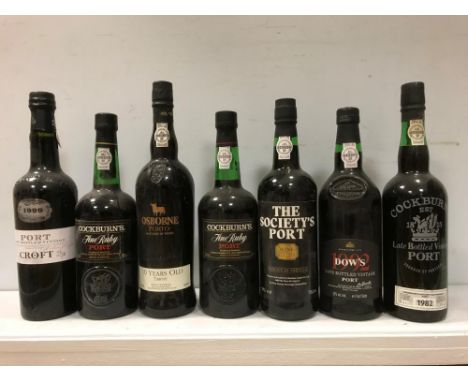 Seven LBV and ruby ports (non vintage), including Cockburn 1982, Croft 1999, Osborne 10 year old tawny, etc (7)  
